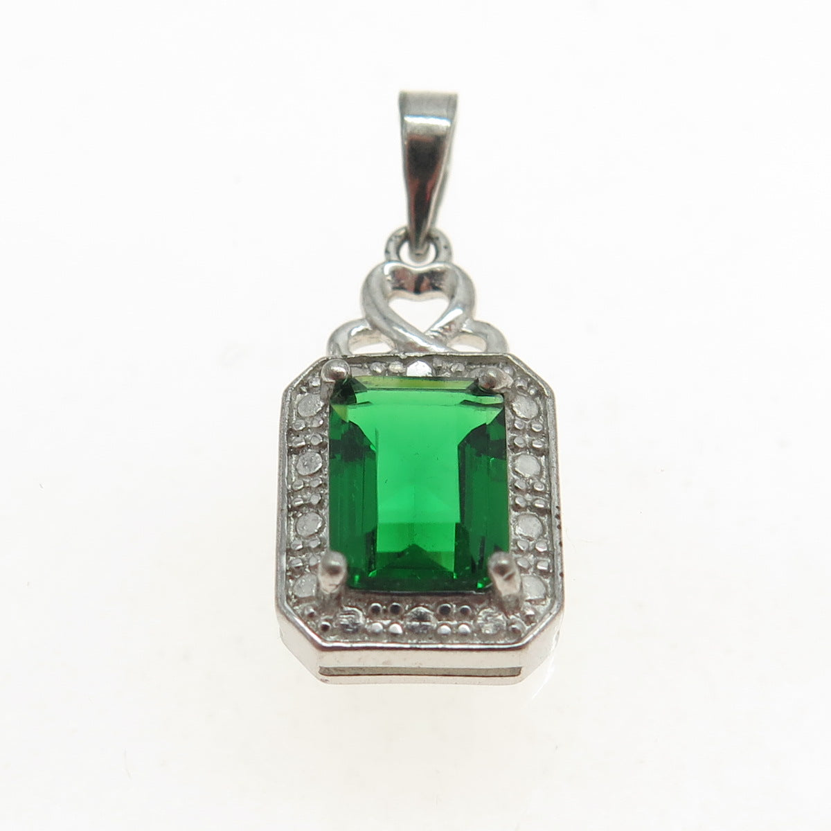 925 Sterling Silver Real White Diamond Accent & Lab-Created Emerald Pendant