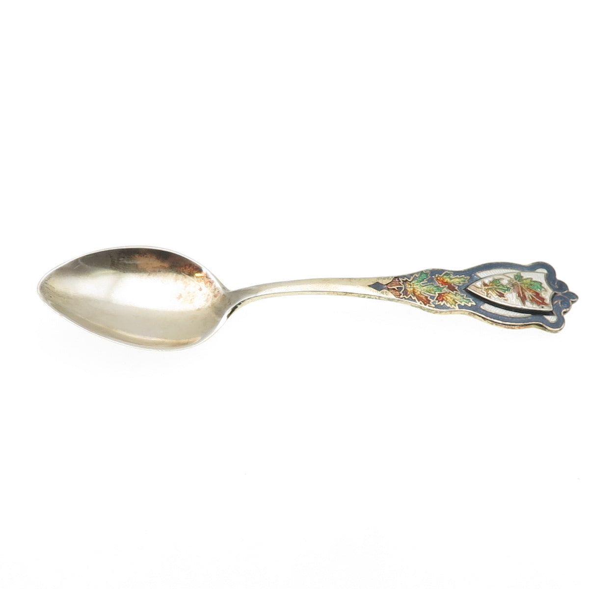 CARON BROS 925 Sterling Silver Antique Art Deco Enamel Maple Leaf Coffee Spoon