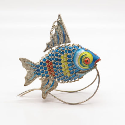 925 Sterling Silver Antique Enamel Chinese Koi Fish Articulated Chatelaine Fob