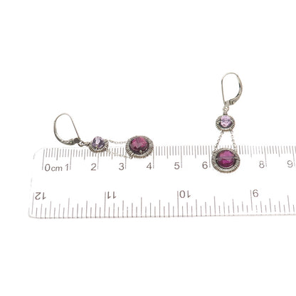 Atelier 925 Sterling Silver Vintage Real Rhodolite & Amethyst Dangle Earrings