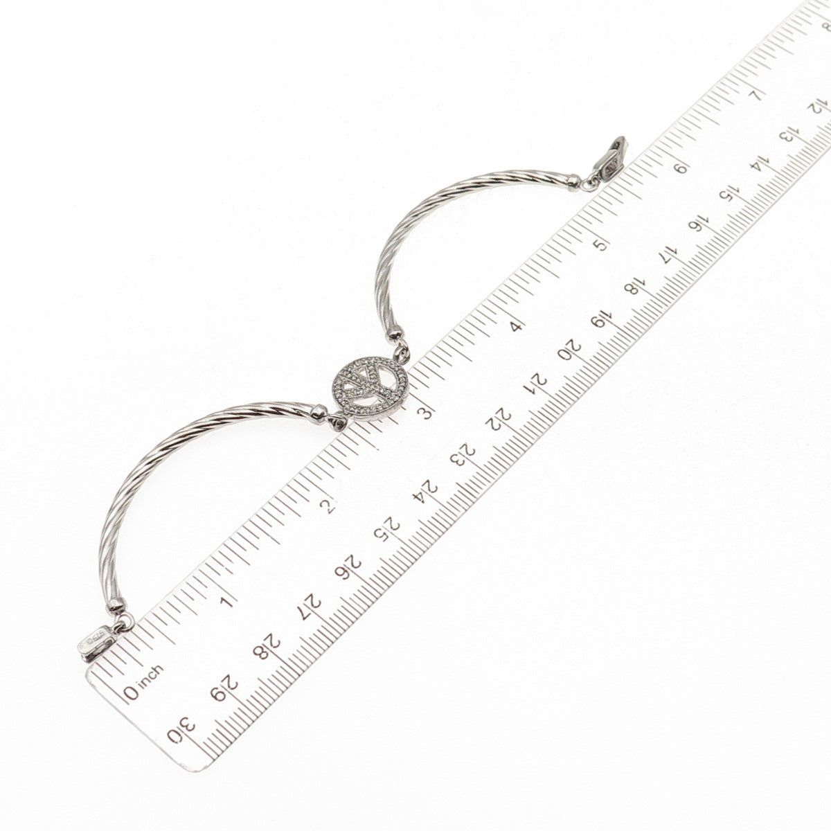 925 Sterling Silver Real Round-Cut Diamond Peace Symbol Bracelet 7"