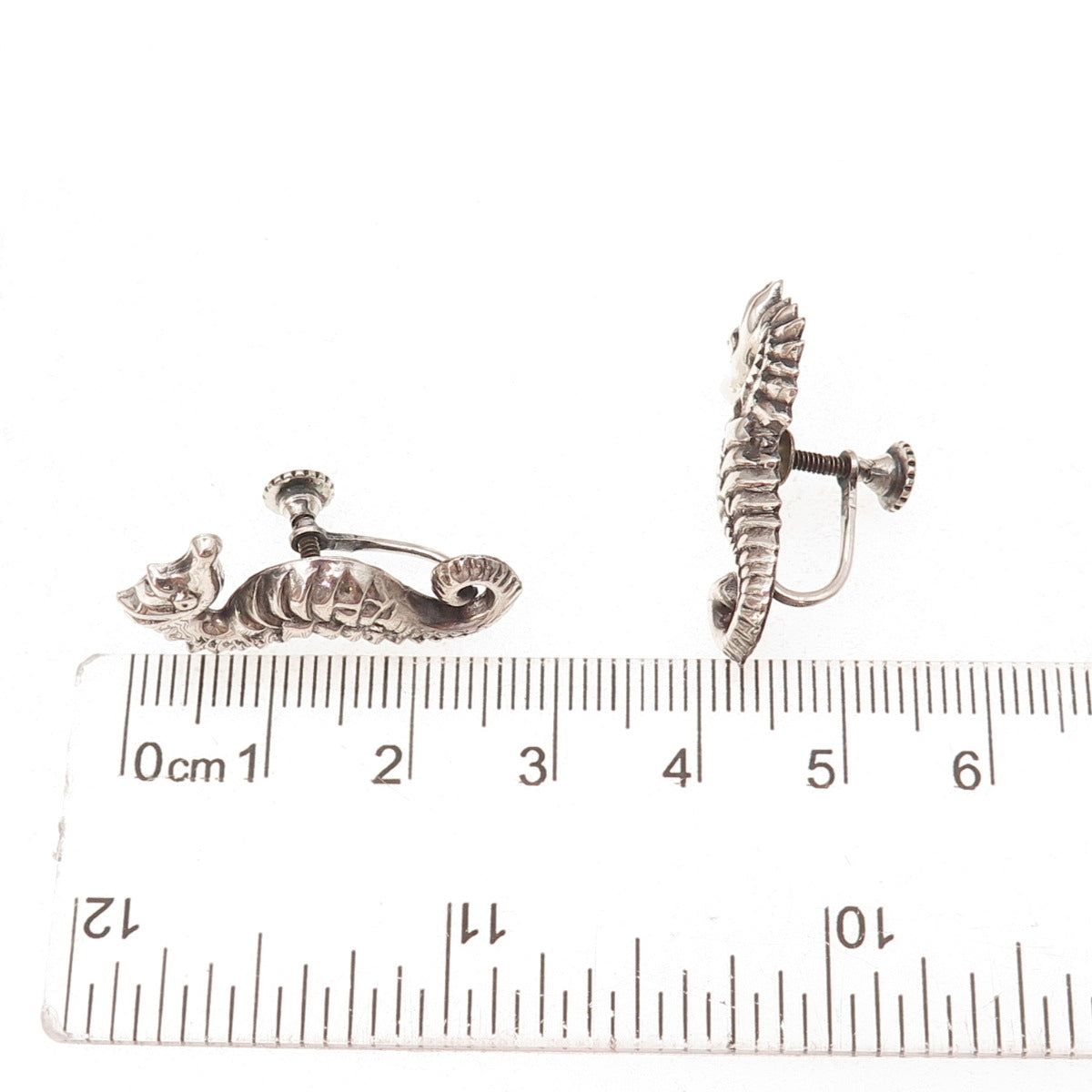 925 Sterling Silver Antique Art Deco Seahorse Oxidized Screw Back Earrings