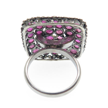 925 Sterling Silver Black Rhodium Real Diamond & Tourmaline Ring Size 7.5