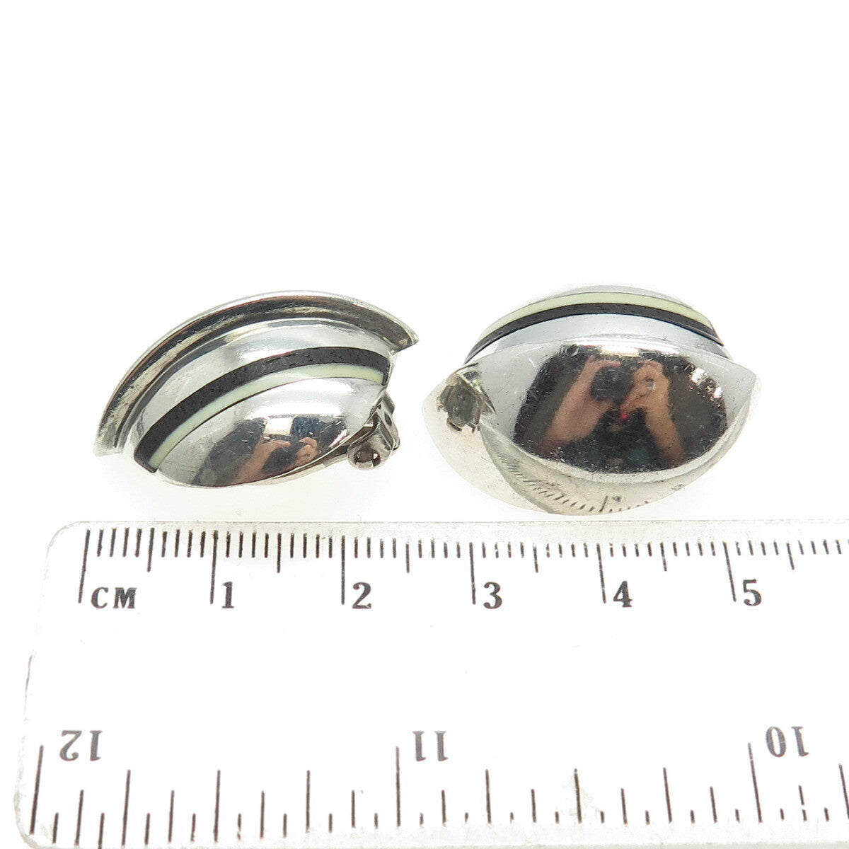 925 Sterling Silver VSS Vintage White & Black Onyx Modernist Clip On Earrings