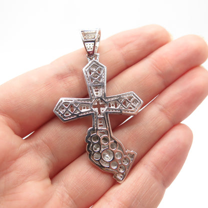 925 Sterling Silver C Z Hand Holding Cross Religious Pendant