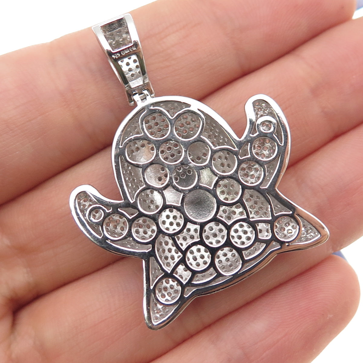 925 Sterling Silver Enamel Round-Cut C Z Ghost Emoji Charm Pendant