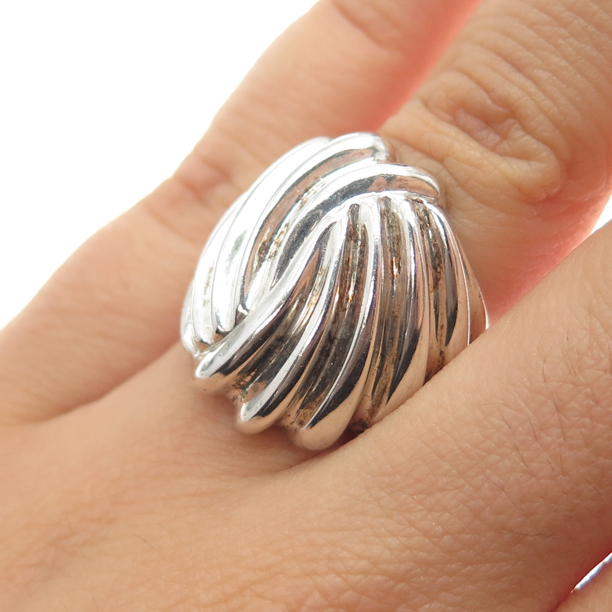925 Sterling Silver Vintage Modernist Ribbed Ring Size 5.25