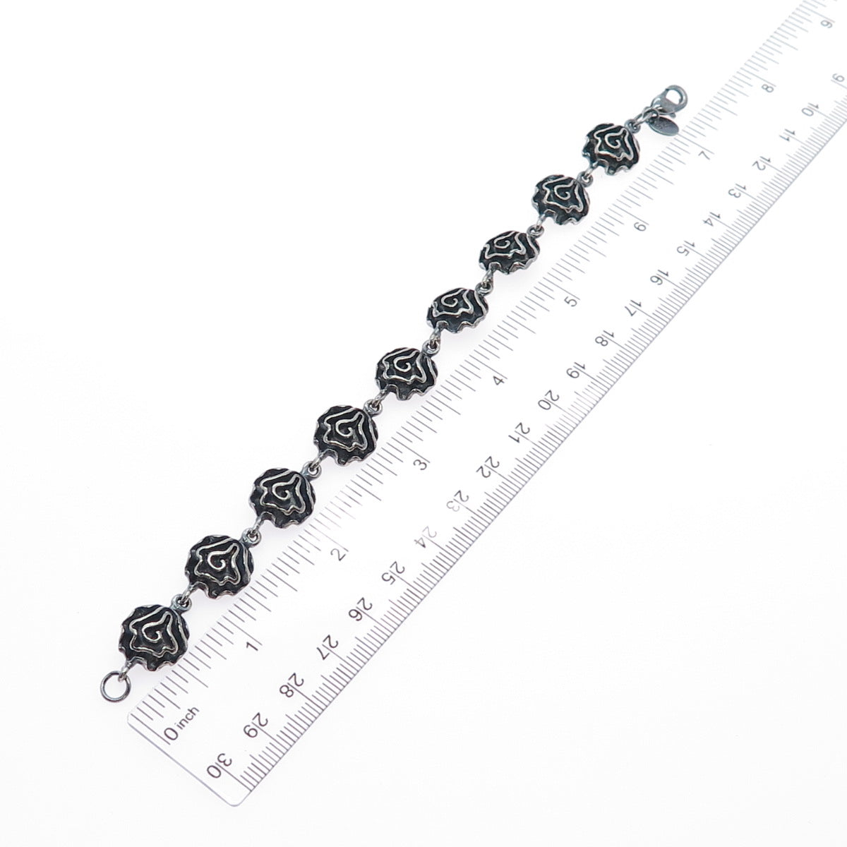 925 Sterling Silver Vintage Modernist Oxidized Flower Link Bracelet 7"