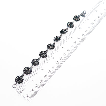 925 Sterling Silver Vintage Modernist Oxidized Flower Link Bracelet 7"