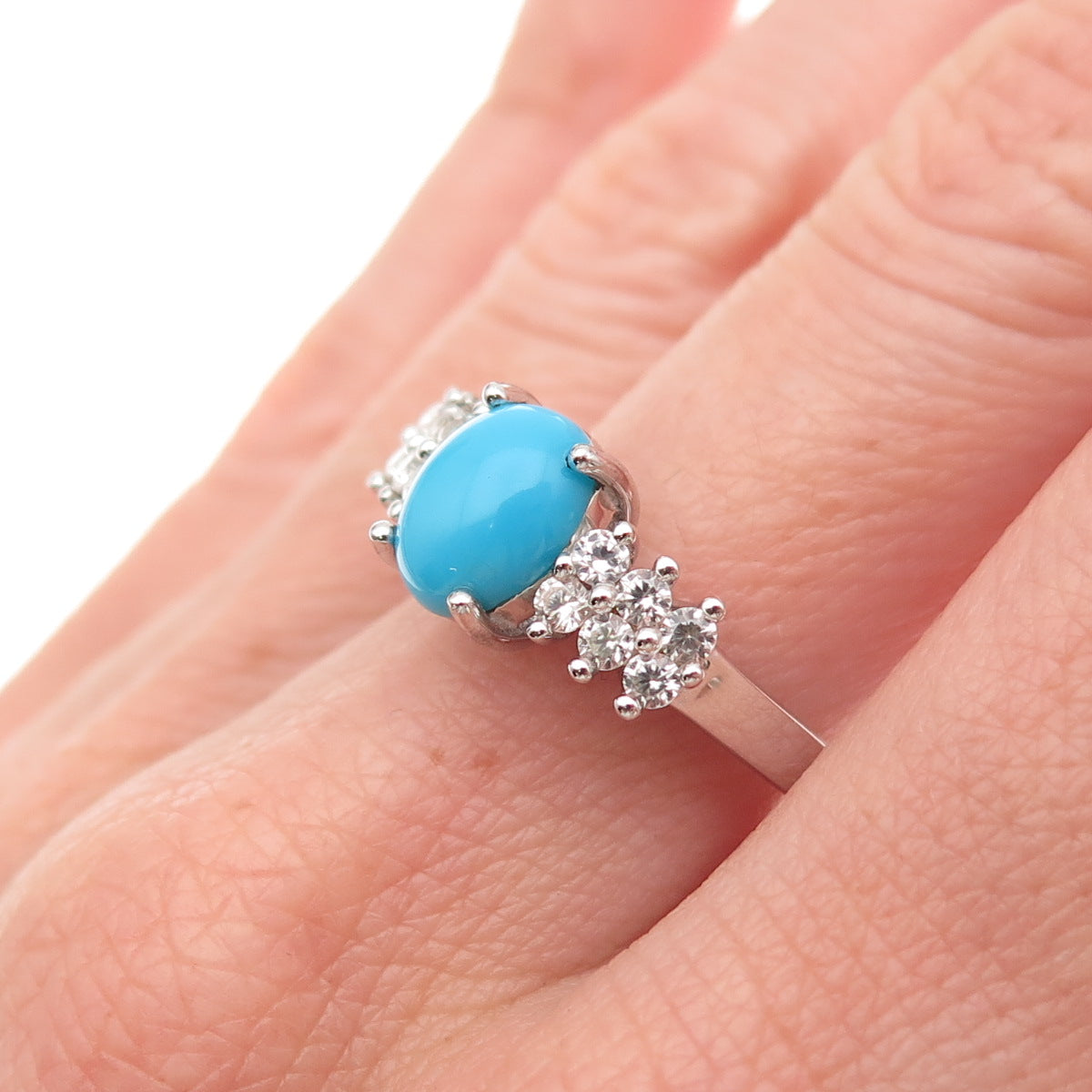 925 Sterling Silver Real Sleeping Beauty Turquoise & White Topaz Ring Size 8