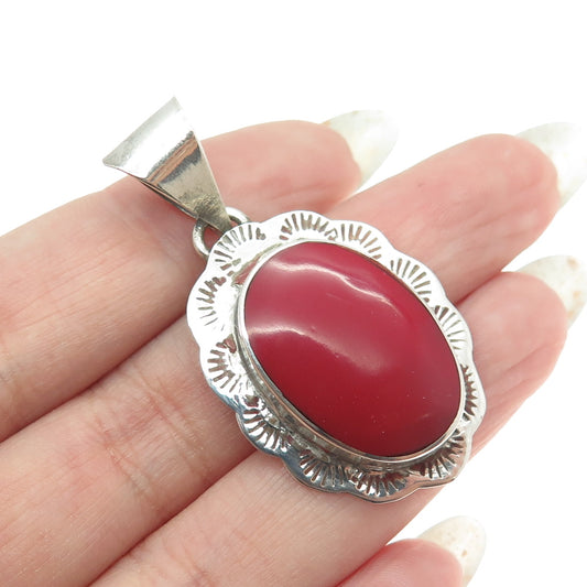 925 Sterling Silver Vintage Mexico Faux Coral Tribal Pendant