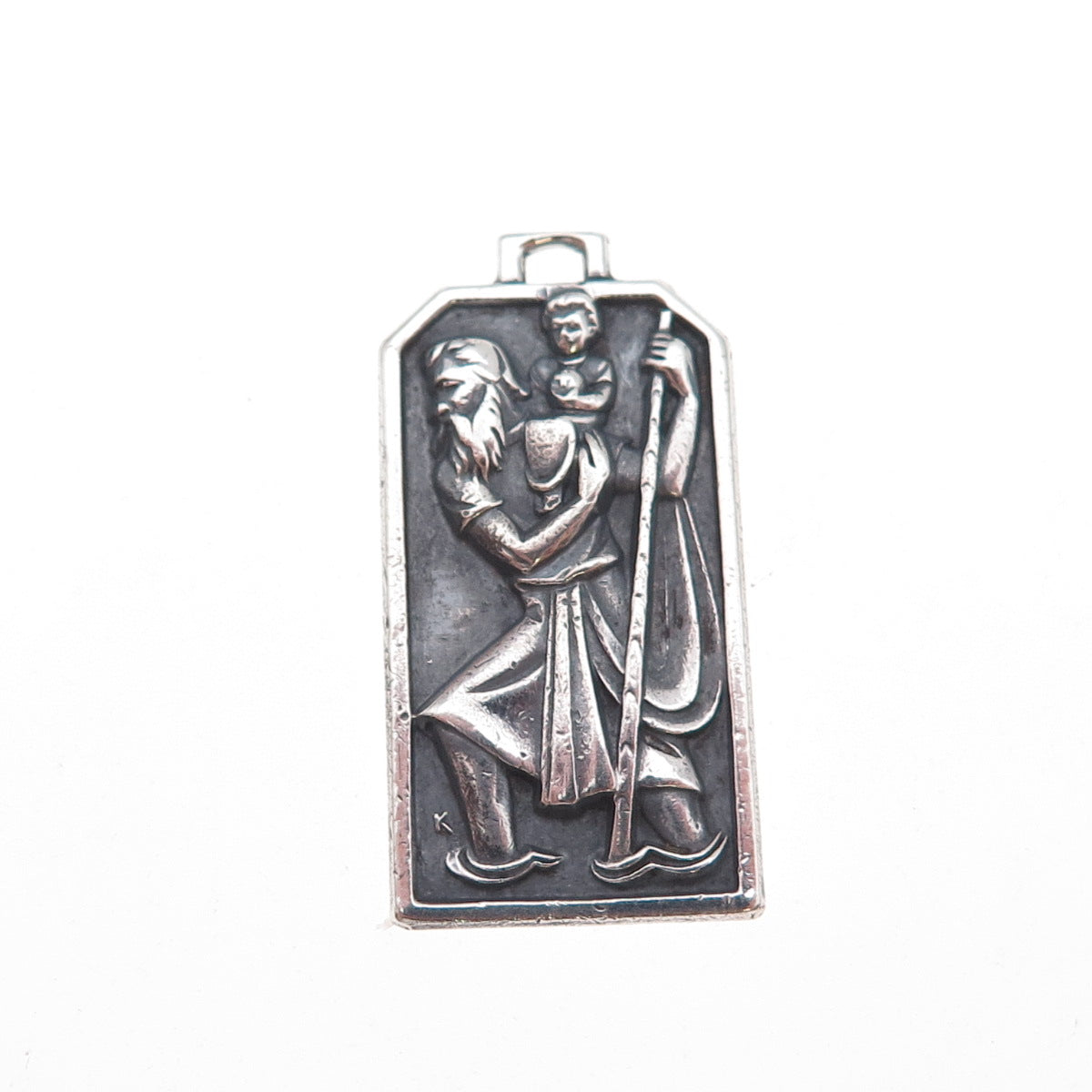 Wells 925 Sterling Silver Vintage Saint Christopher Oxidized Charm Pendant