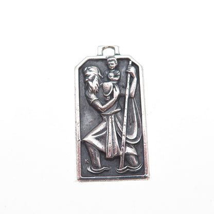 Wells 925 Sterling Silver Vintage Saint Christopher Oxidized Charm Pendant
