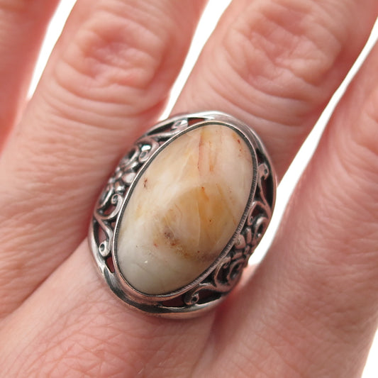 925 Sterling Silver Vintage Real Agate Floral Scroll Oxidized Ring Size 6.75