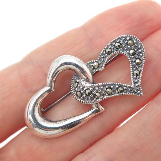 KEN CRAFTS 925 Sterling Silver Vintage Real Marcasite Interlocked Heart Brooch