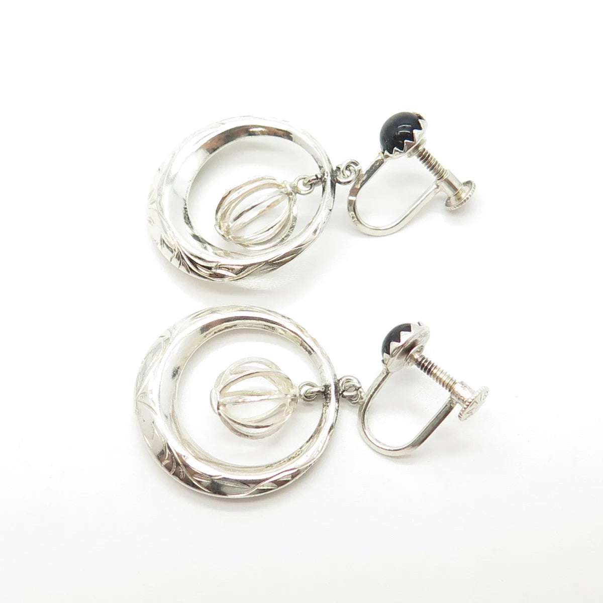 925 Sterling Silver Vintage Real Black Onyx Gemstone Dangling Earrings