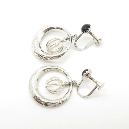 925 Sterling Silver Vintage Real Black Onyx Gemstone Dangling Earrings