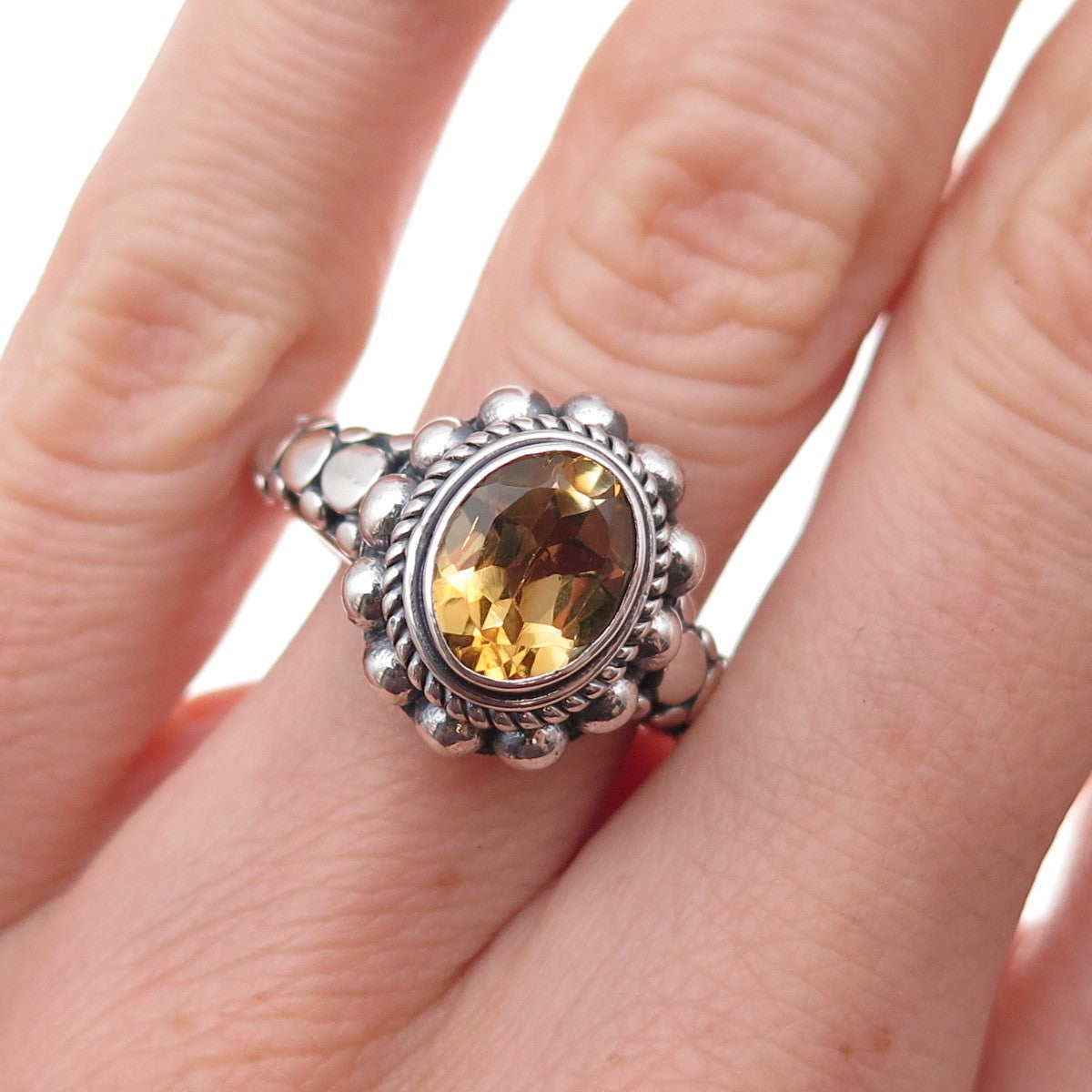 Suarti Bali 925 Sterling Silver Vintage Real Citrine Beaded Oxidized Ring Size 6