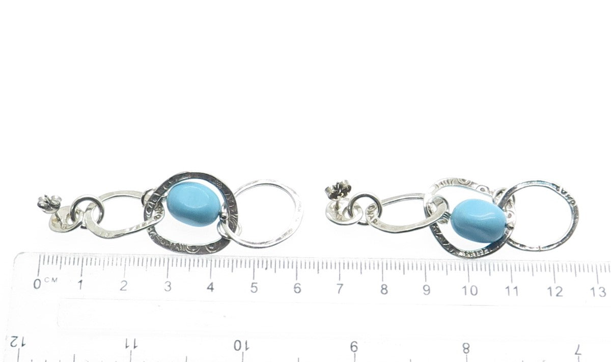 925 Sterling Silver Vintage Real Turquoise Modernist Drop Circle Dangle Earrings