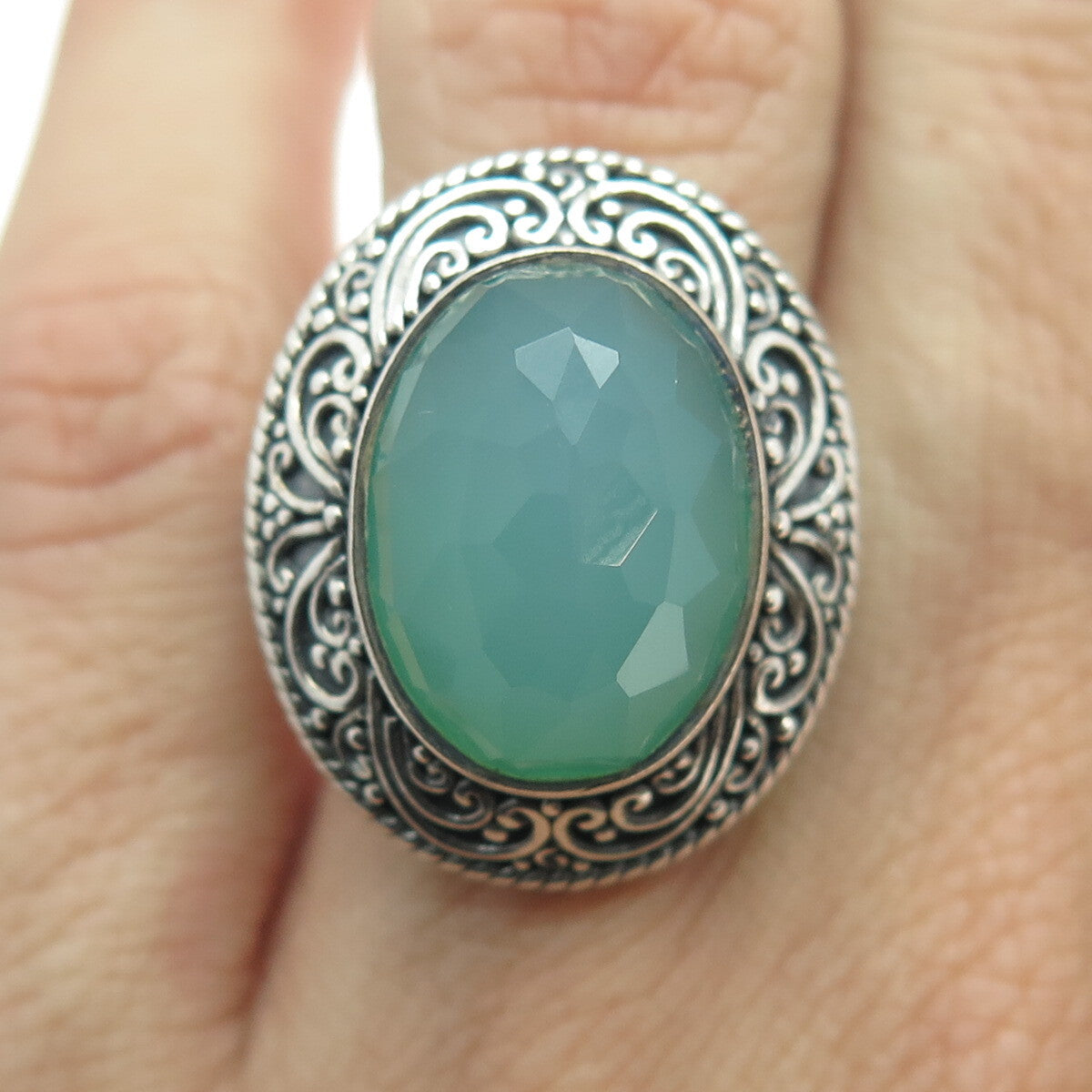 SAJEN 925 Sterling Silver Vintage Real Chalcedony Swirl Oxidized Ring Size 7