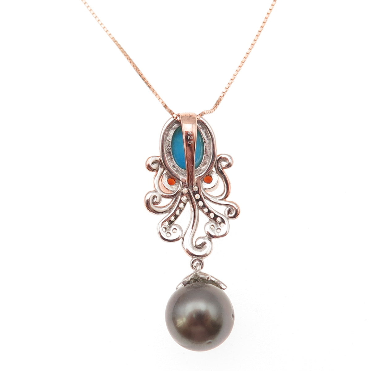 925 Sterling Gold Plated Turquoise Topaz Garnet & Pearl Box Chain Necklace 18"