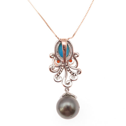 925 Sterling Gold Plated Turquoise Topaz Garnet & Pearl Box Chain Necklace 18"