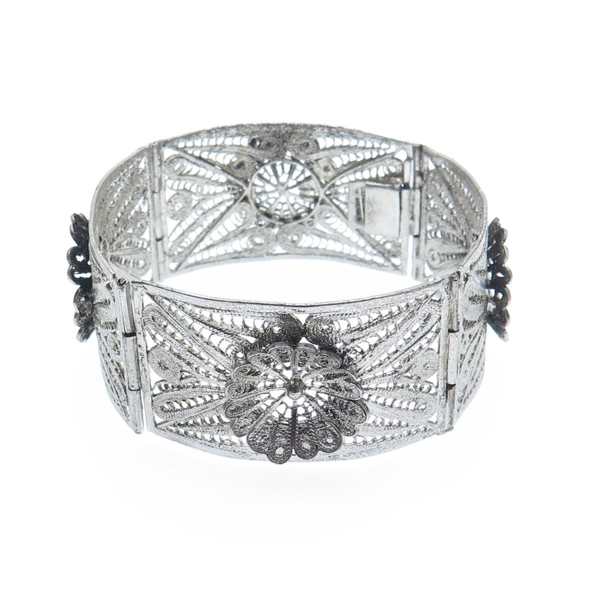 925 Sterling Silver Vintage Mexico Flower Filigree Panel Link Bracelet 7.25"