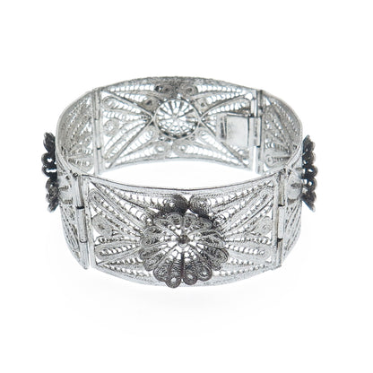 925 Sterling Silver Vintage Mexico Flower Filigree Panel Link Bracelet 7.25"