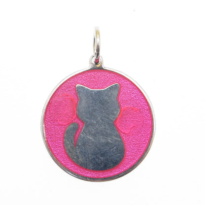 925 Sterling Silver Pink Enamel Cat Minimalist Charm Pendant