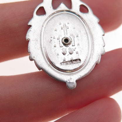 925 Sterling Silver Antique Art Deco Real MOP & Marcasite St. Mary Charm Pendant