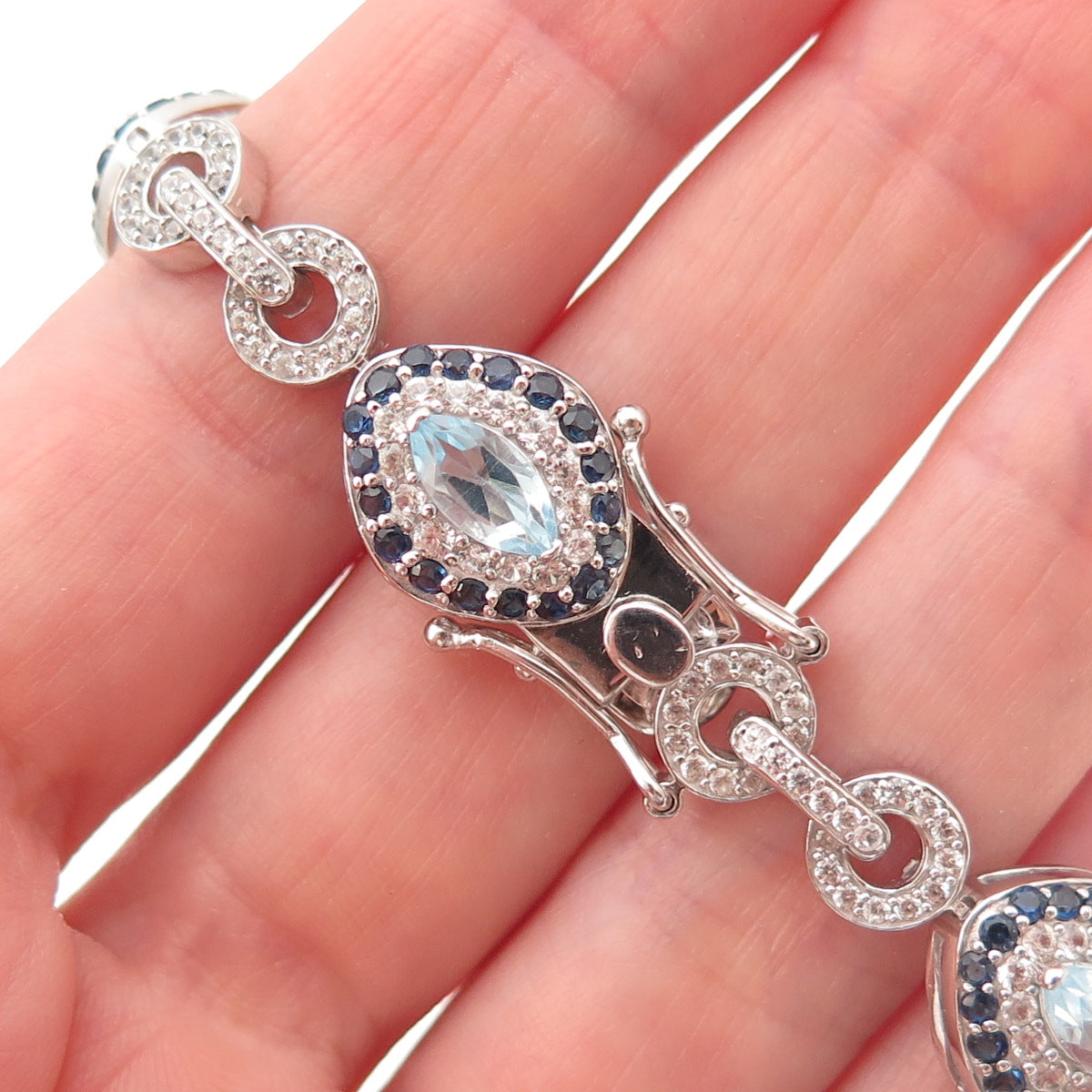 925 Sterling Silver Real Sapphire Blue & White Topaz Bracelet 7"