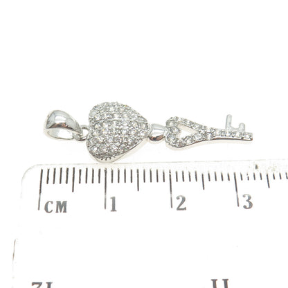 925 Sterling Silver Round-Cut Shaped C Z Heart & Key Pendant