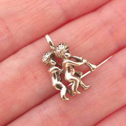 925 Sterling Silver Gold Plated Antique Art Deco Gemini 3D Charm Pendant