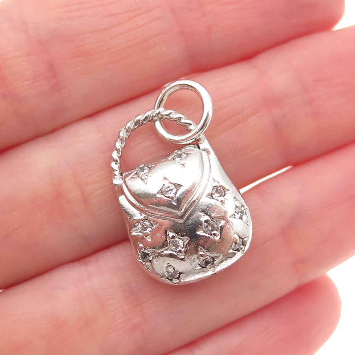 925 Sterling Silver Round-Cut C Z Ladies Purse Charm Pendant