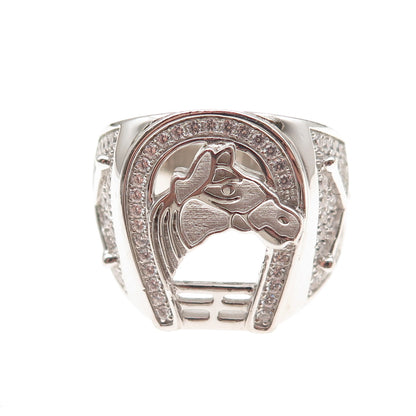 925 Sterling Silver Round-Cut C Z Horse & Horseshoe Ring Size 11.25