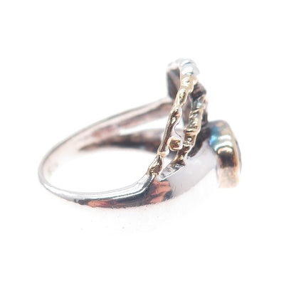 925 Sterling Silver 2-Tone Vintage Real Red Garnet Modernist Ring Size 5.75