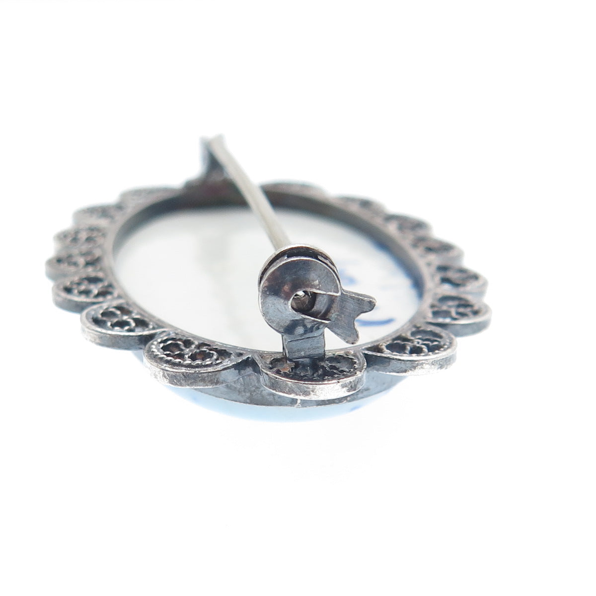 DELFT 835 Silver Vintage Ceramic Old Mill Filigree Pin Brooch