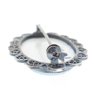 DELFT 835 Silver Vintage Ceramic Old Mill Filigree Pin Brooch