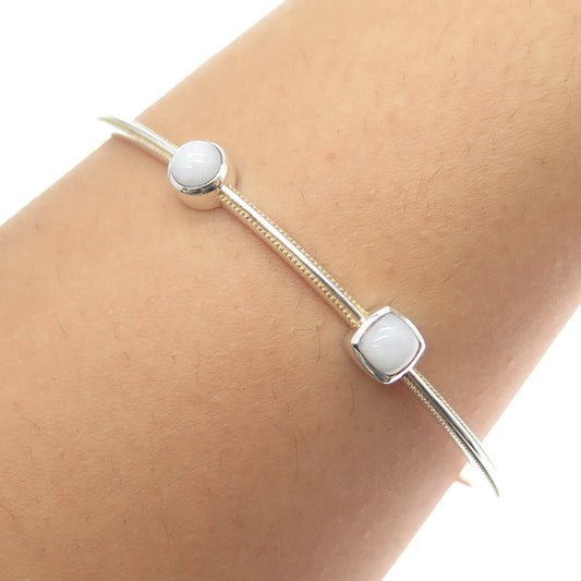 925 Sterling Silver Real Round & Cushion-Cut White Jade Bangle Bracelet 7.5"