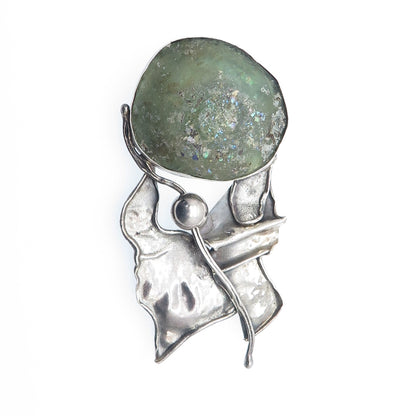 AVI SOFFER 925 Sterling Vintage Roman Glass Modernist Slide Pendant / Pin Brooch