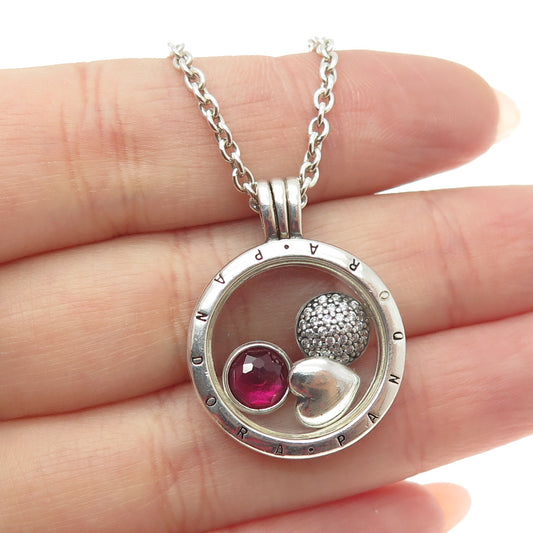 PANDORA 925 Sterling Silver Lab-Created Ruby Charm Locket Pendant Necklace 24"