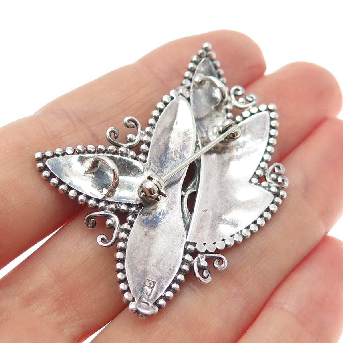 925 Sterling Silver Vintage Real Doublet Abalone Shell Floral Pin Brooch Pendant