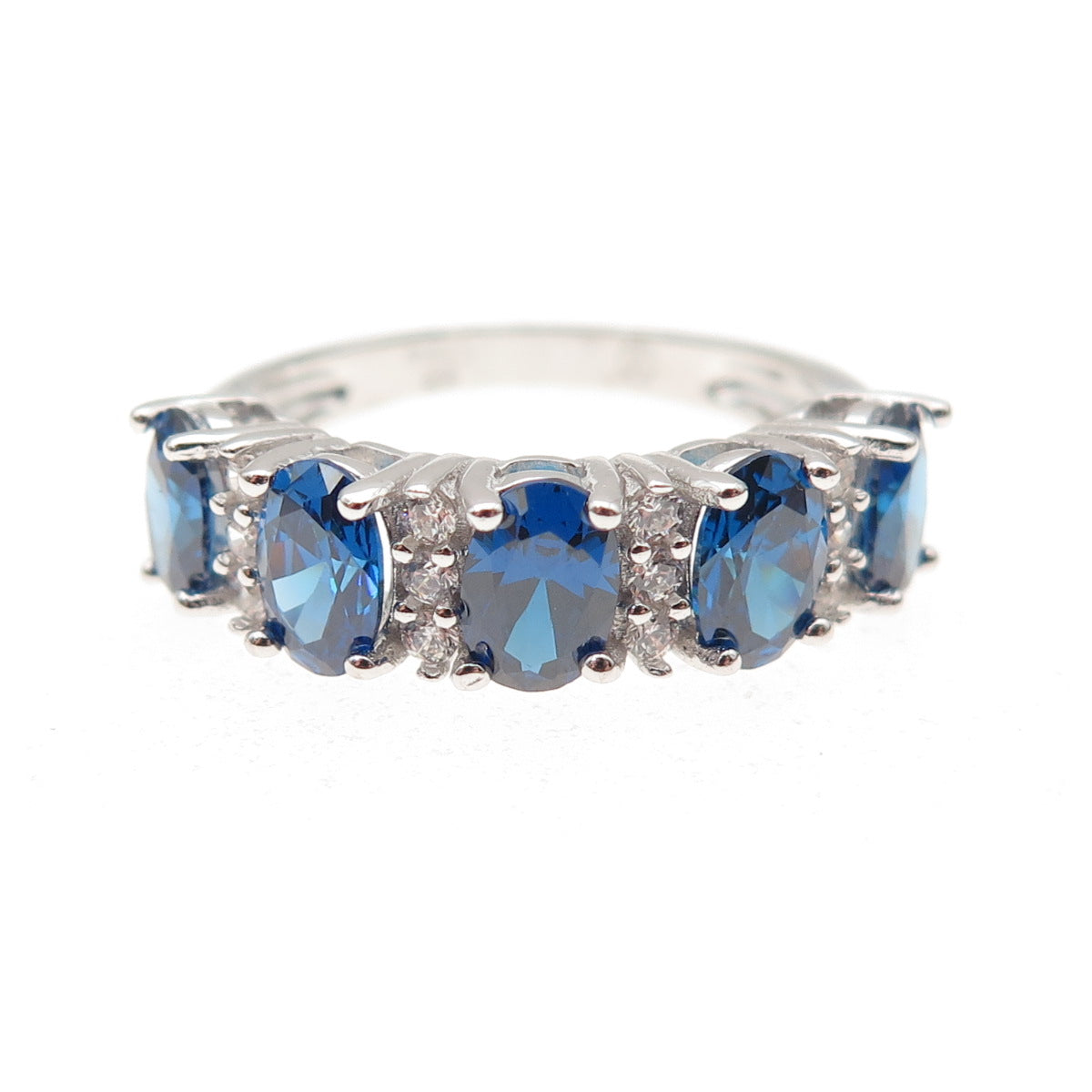 925 Sterling Silver Oval-Cut Blue & Round-Cut White C Z Ring Size 6