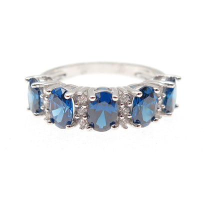 925 Sterling Silver Oval-Cut Blue & Round-Cut White C Z Ring Size 6