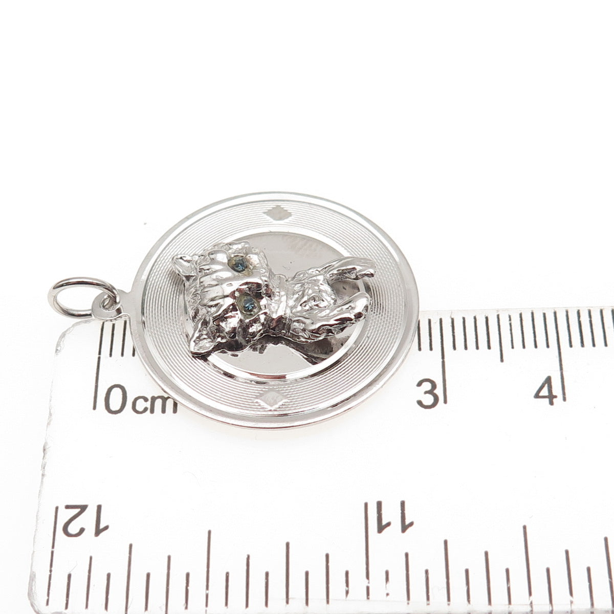 925 Sterling Silver Vintage Blue Rhinestone Kitty Cat Charm Pendant