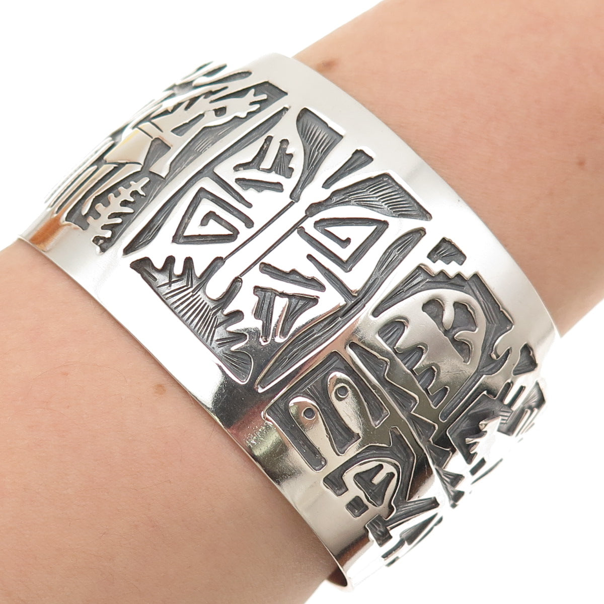 925 Sterling Silver Vintage Southwestern Adjustable Tribal Cuff Bracelet 7.5"