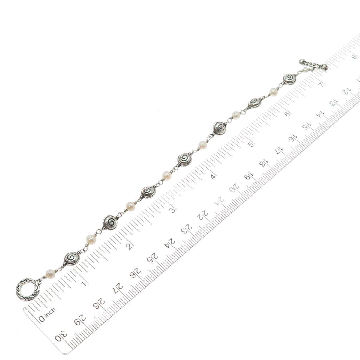925 Sterling Silver Vintage Real Pearl Spiral Beaded Link Bracelet 6.75"