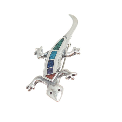 CAROLYN POLLACK Old Pawn Sterling Silver Vintage Multi-Gem Inlay Lizard Brooch
