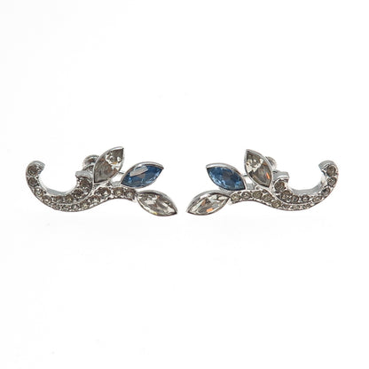 925 Sterling Silver Antique Art Deco Blue & White Rhinestone Screw Back Earrings