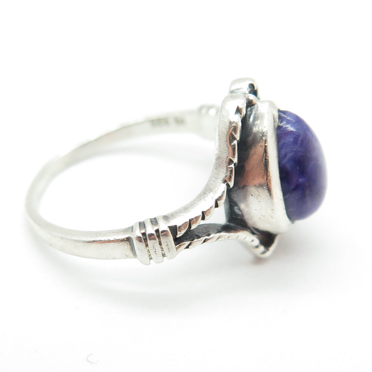 925 Sterling Silver Vintage Real Pear-Cut Charoite Oxidized Ring Size 7.75